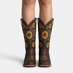 Women's Leather Boho Western Boots - Sunflower Embroidery