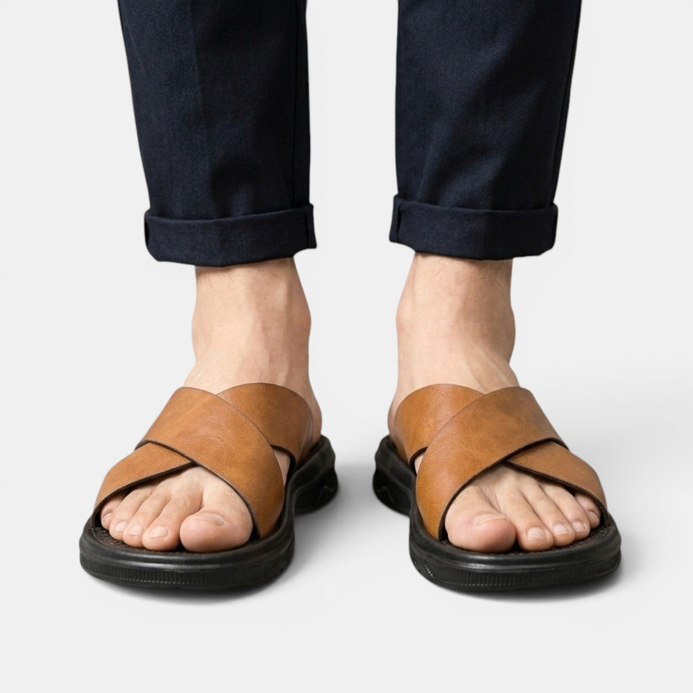 Men's Leather Cross-Strap Sandals