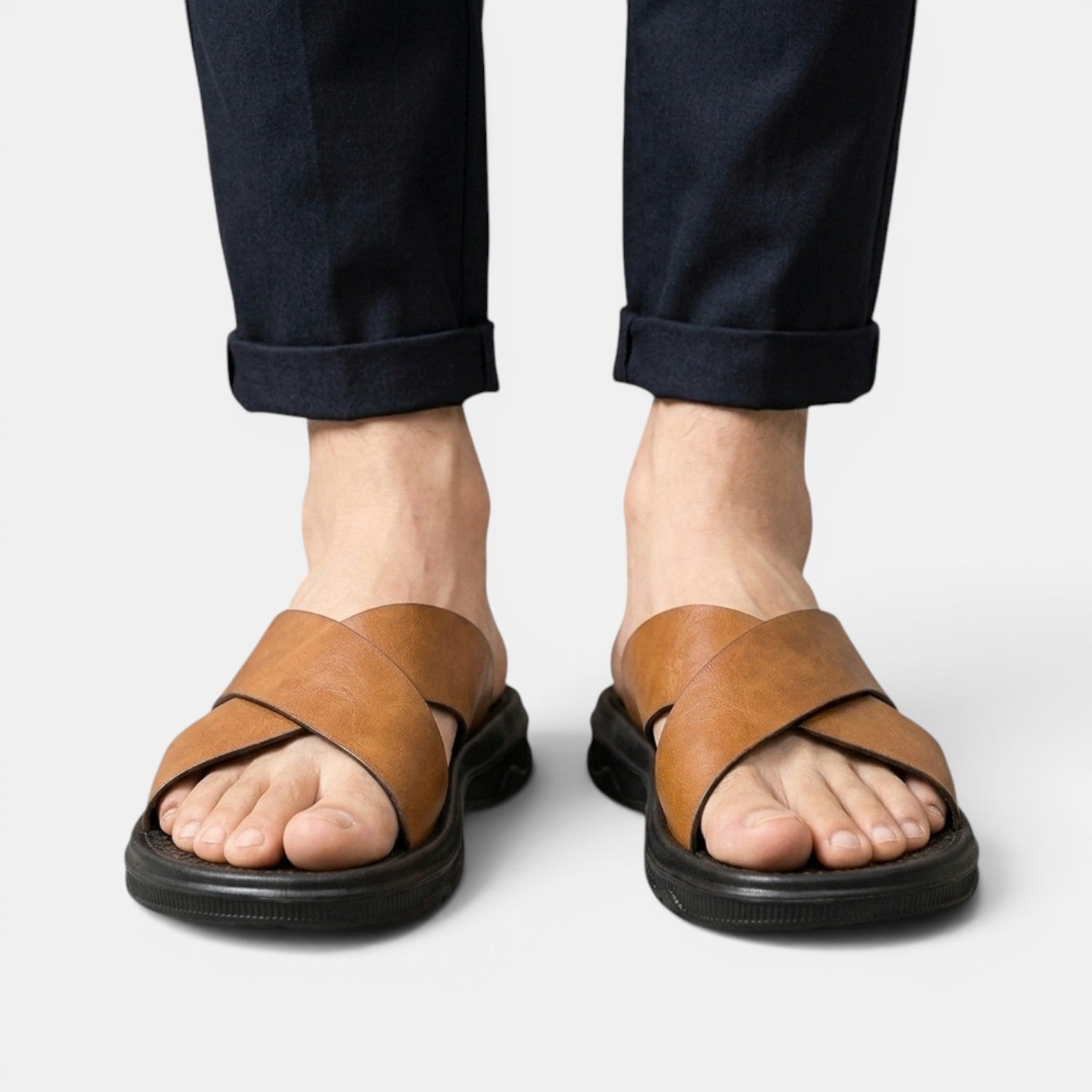 Men's Leather Cross-Strap Sandals