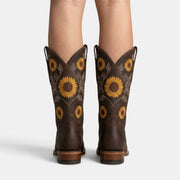 Botas Camperas Boho de Piel para Mujer con Girasoles Bordados
