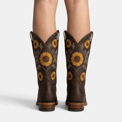 Women's Leather Boho Western Boots - Sunflower Embroidery