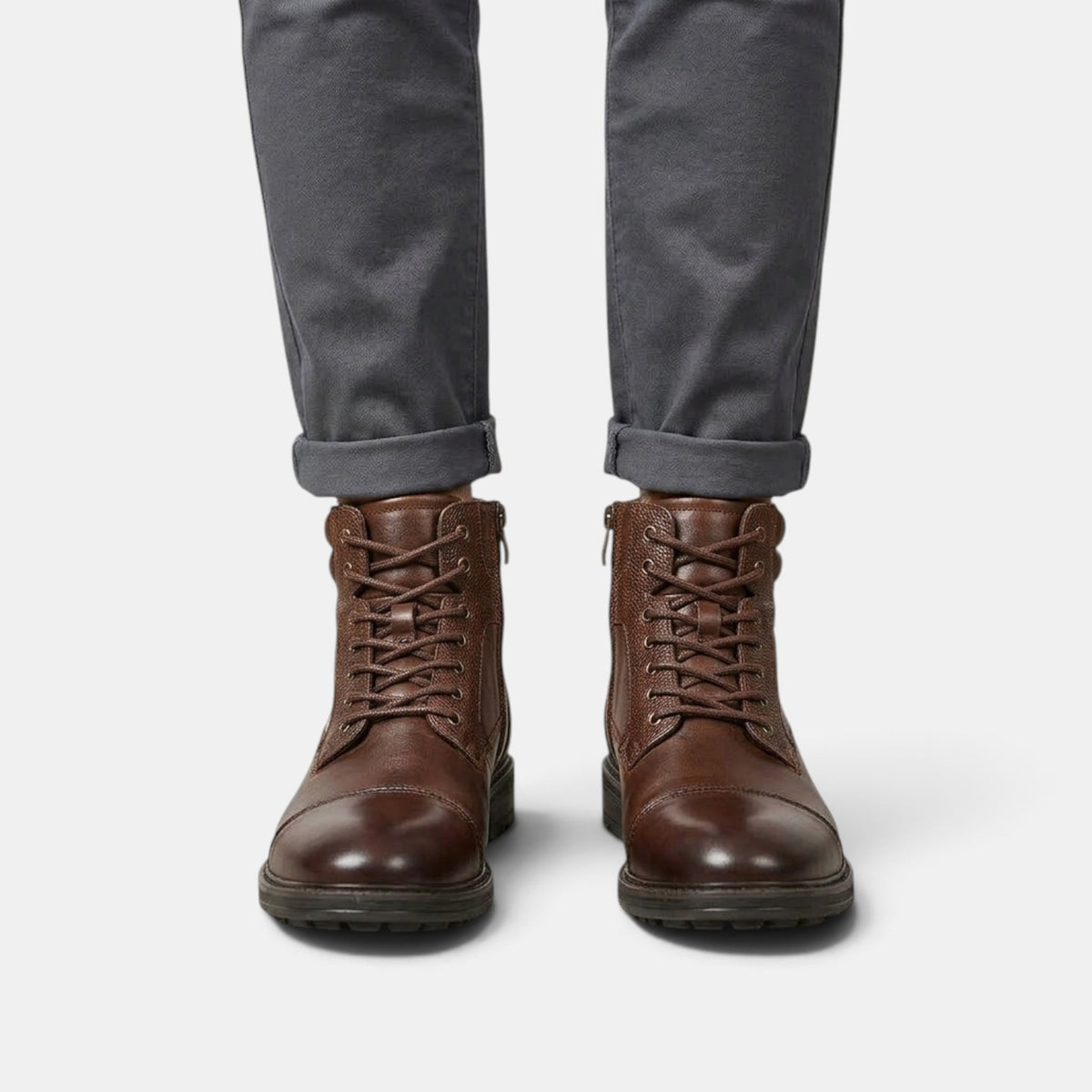 Men's Leather Lace-Up Ankle Boots - Side Zip