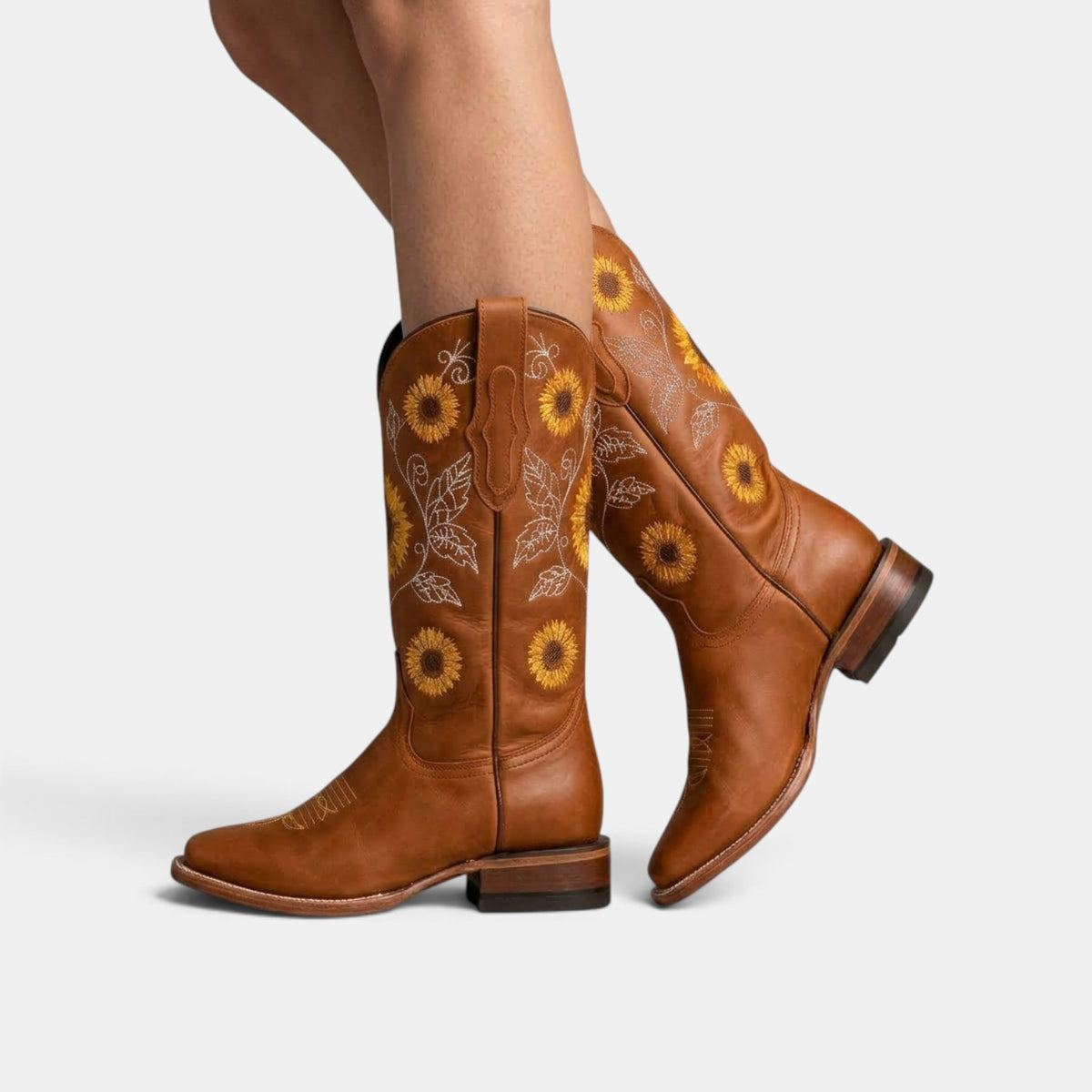 Botas Camperas Boho de Piel para Mujer con Girasoles Bordados