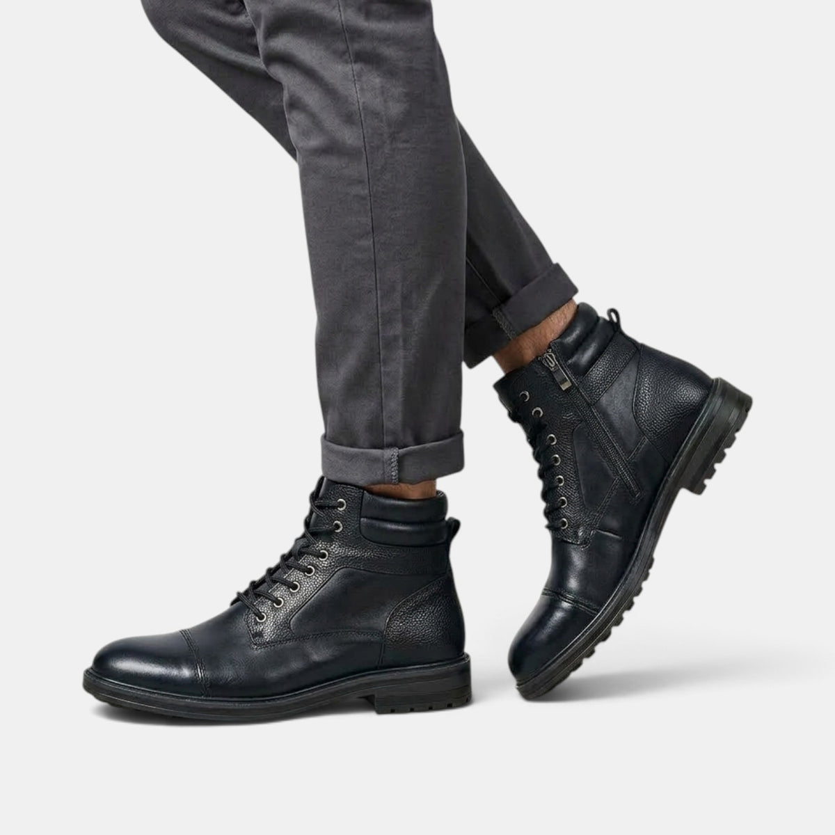 Men's Leather Lace-Up Ankle Boots - Side Zip