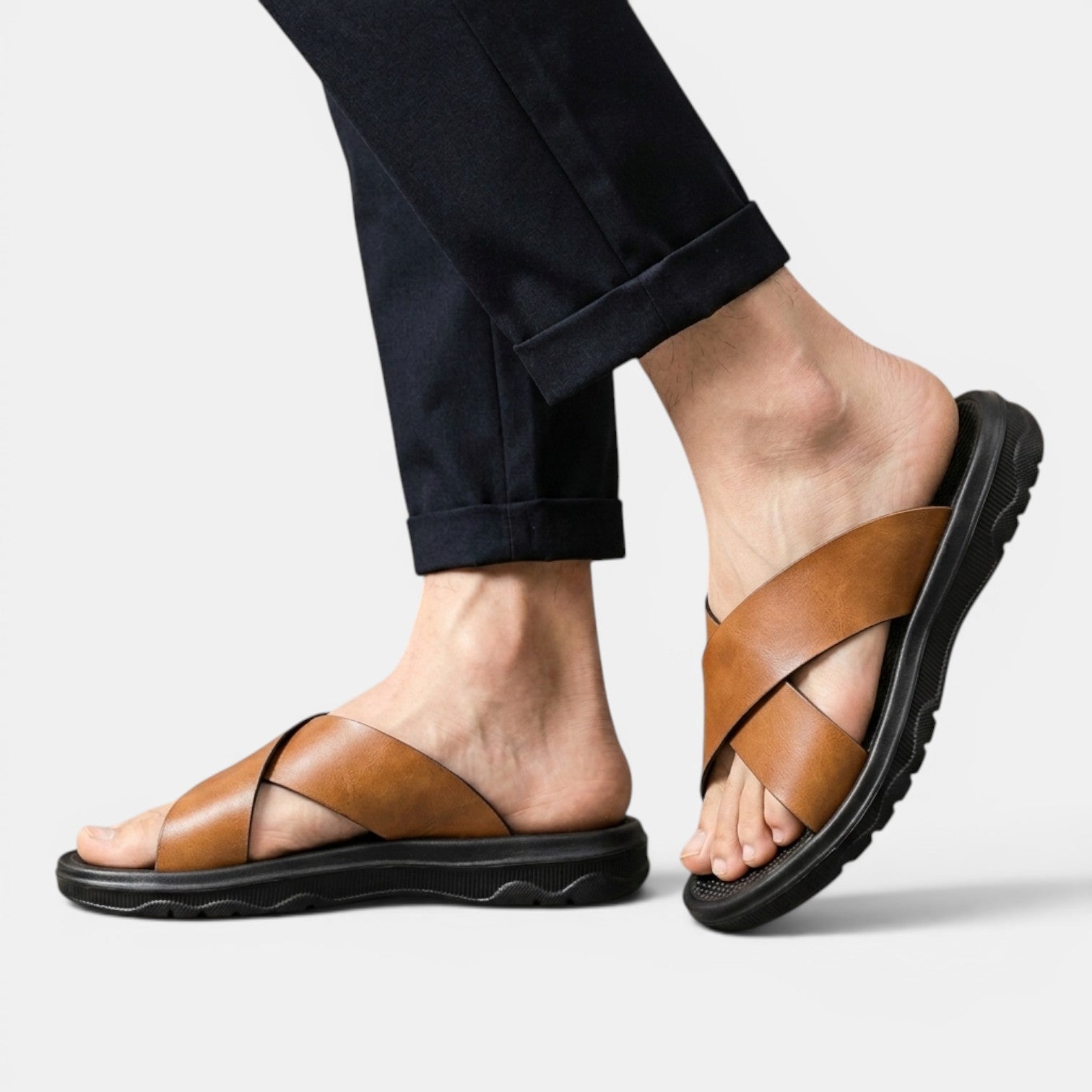 Men's Leather Cross-Strap Sandals