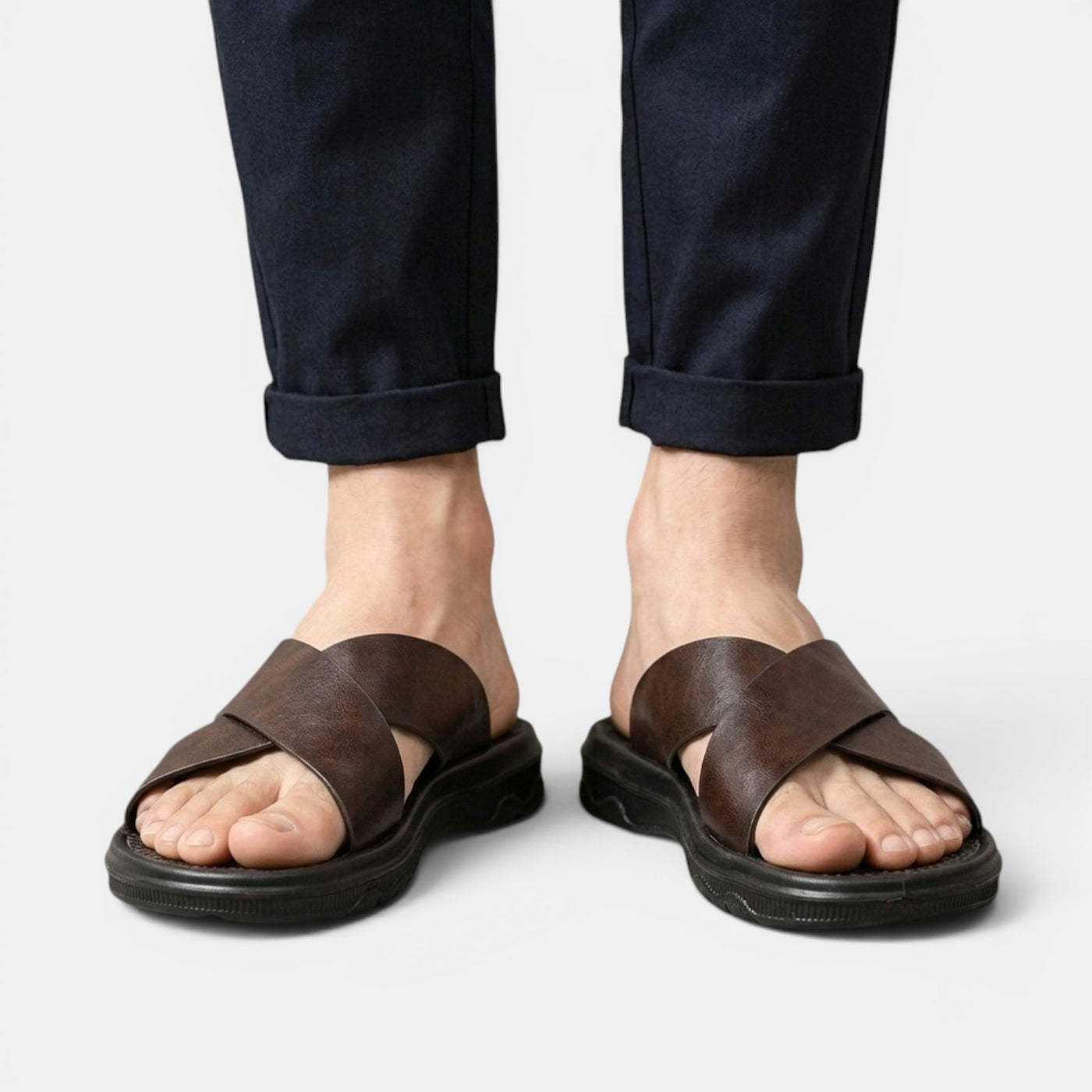 Men's Leather Cross-Strap Sandals