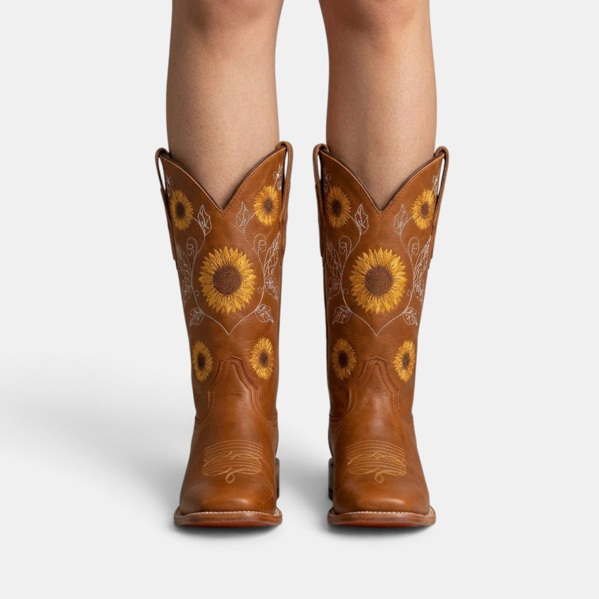 Botas Camperas Boho de Piel para Mujer con Girasoles Bordados