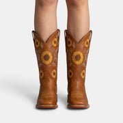 Botas Camperas Boho de Piel para Mujer con Girasoles Bordados