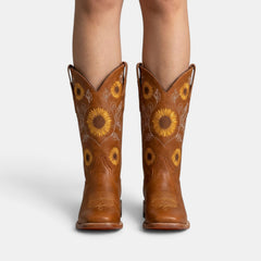 Women's Leather Boho Western Boots - Sunflower Embroidery