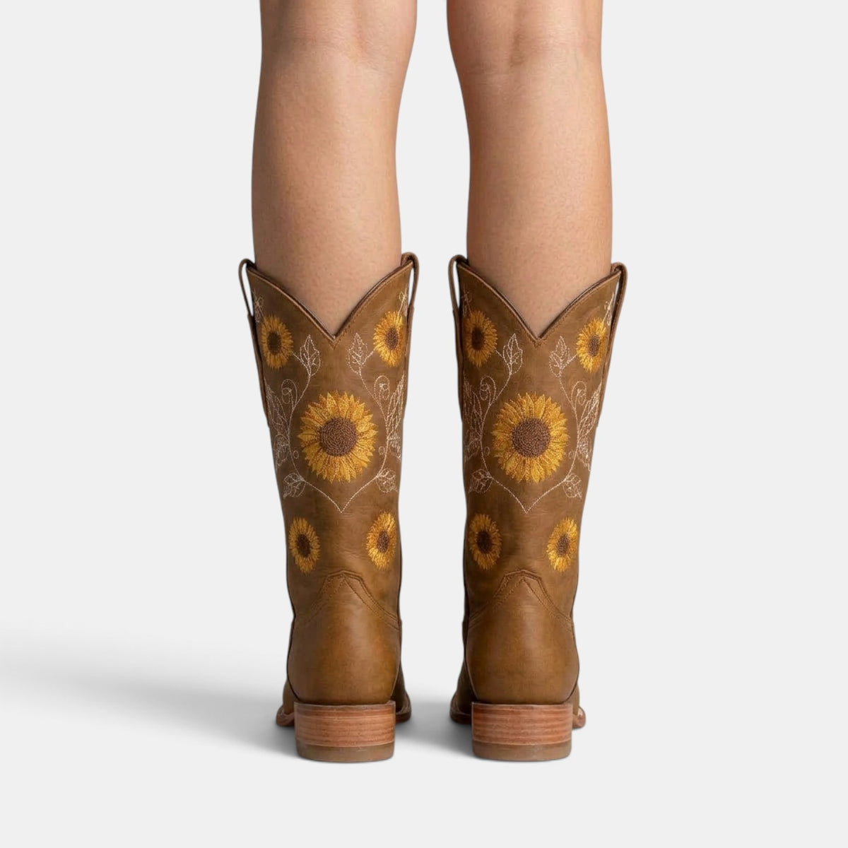 Botas Camperas Boho de Piel para Mujer con Girasoles Bordados