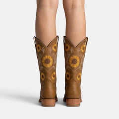 Women's Leather Boho Western Boots - Sunflower Embroidery