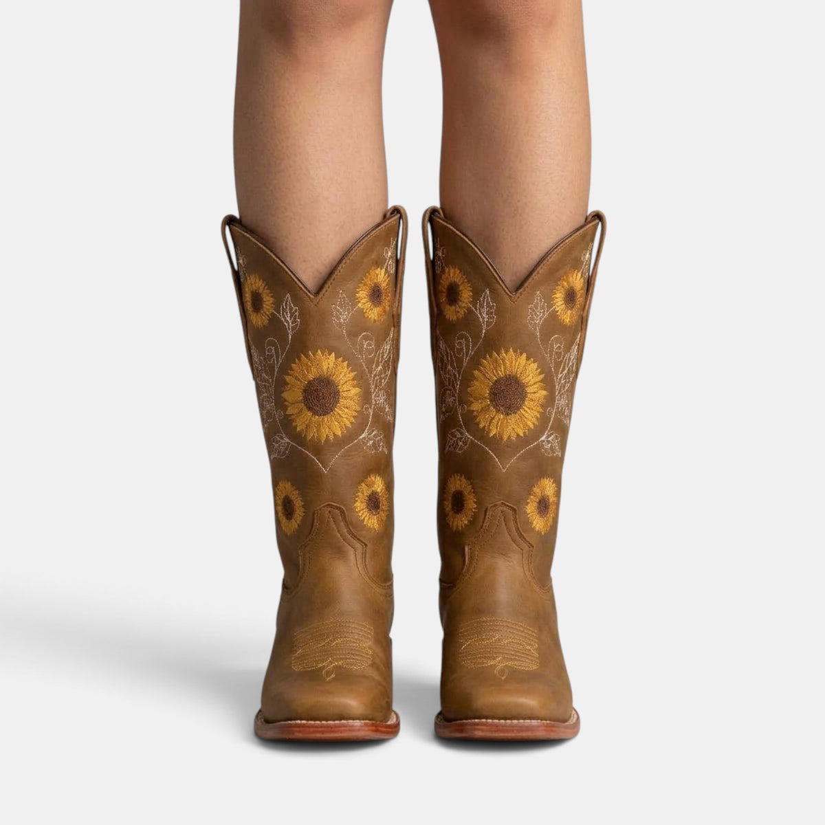 Botas Camperas Boho de Piel para Mujer con Girasoles Bordados