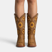 Botas Camperas Boho de Piel para Mujer con Girasoles Bordados