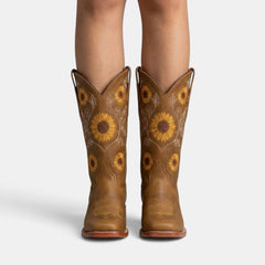 Women's Leather Boho Western Boots - Sunflower Embroidery