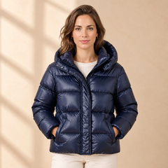 Women's Shiny Hooded Puffer Jacket - Horizontal Quilting