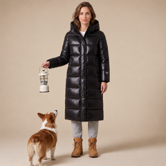 Women's Black Long Hooded Puffer Coat - Quilted Winter Parka