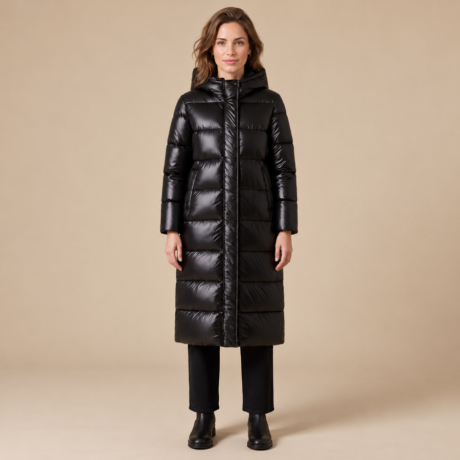 Women's Black Long Hooded Puffer Coat - Quilted Winter Parka