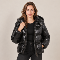 Chaqueta Acolchada Mujer Brillante con Capucha