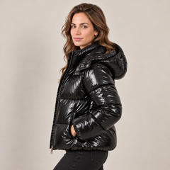 Chaqueta Acolchada Mujer Brillante con Capucha