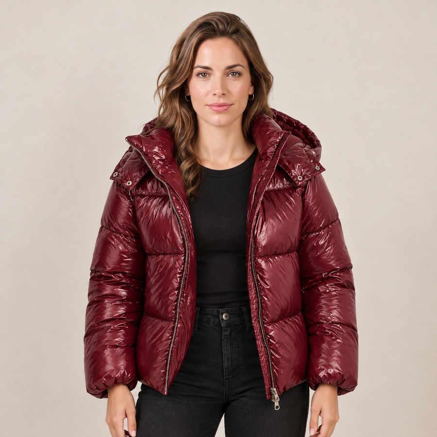 Chaqueta Acolchada Mujer Brillante con Capucha