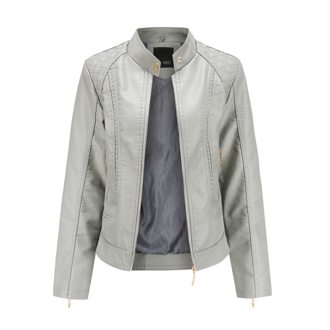Chaqueta Biker Mujer Cropped en Polipiel con Cuello Alto