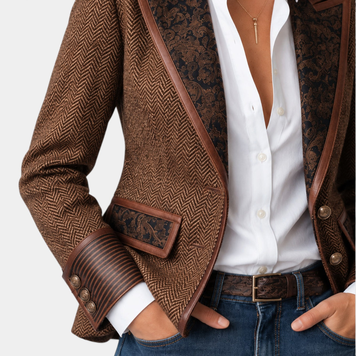 Women's Herringbone Panel Blazer with Gold Buttons