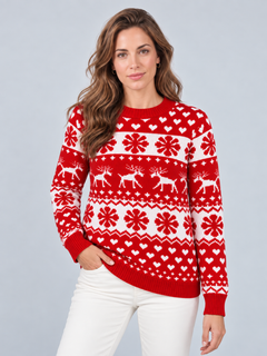 Jersey Navideño Mujer Rojo Renos Copos y Corazones Cuello Redondo