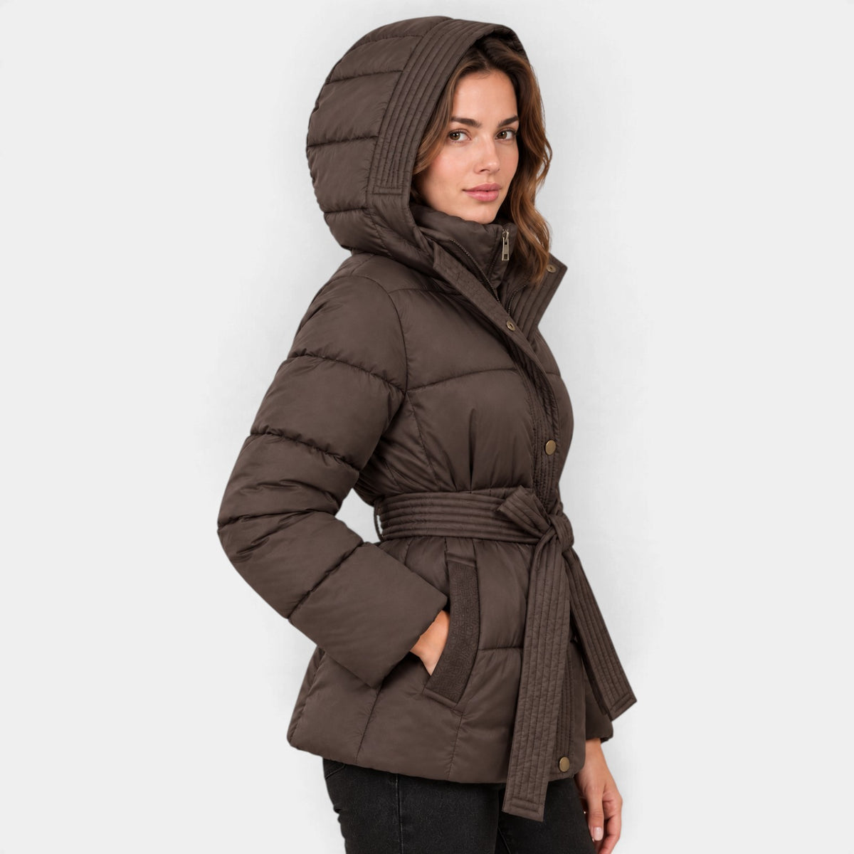 Women's Hooded Padded Jacket with Belt
