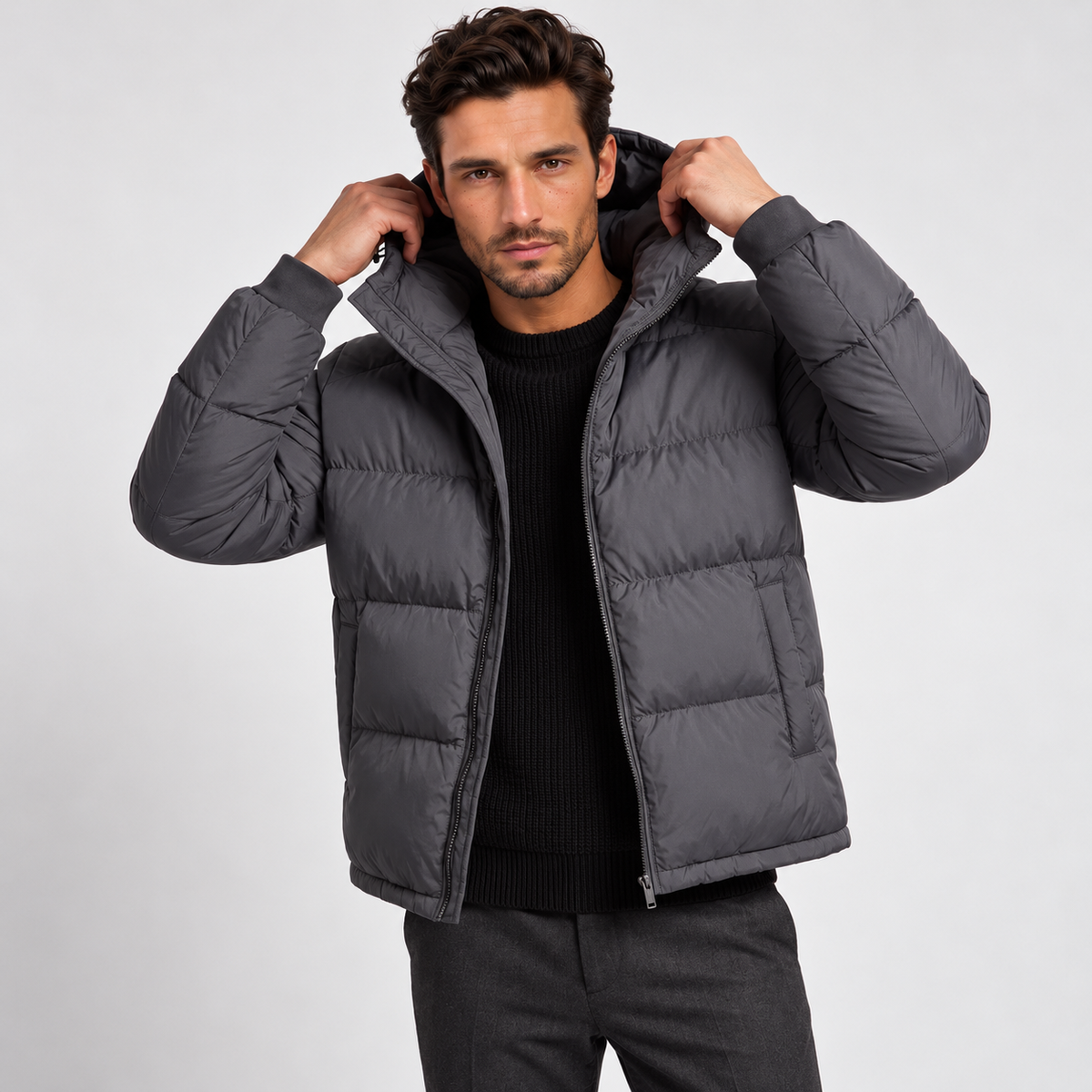Chaqueta Acolchada con Capucha para Hombre, Cierre de Cremallera