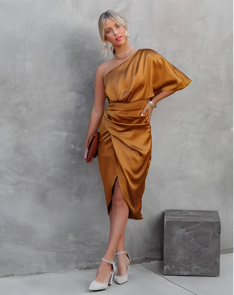 Vestido Midi Invitada de Boda Midi Drapeado Elegante