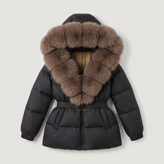 Women's Faux Leather Hooded Puffer Jacket - Quilted Winter Coat