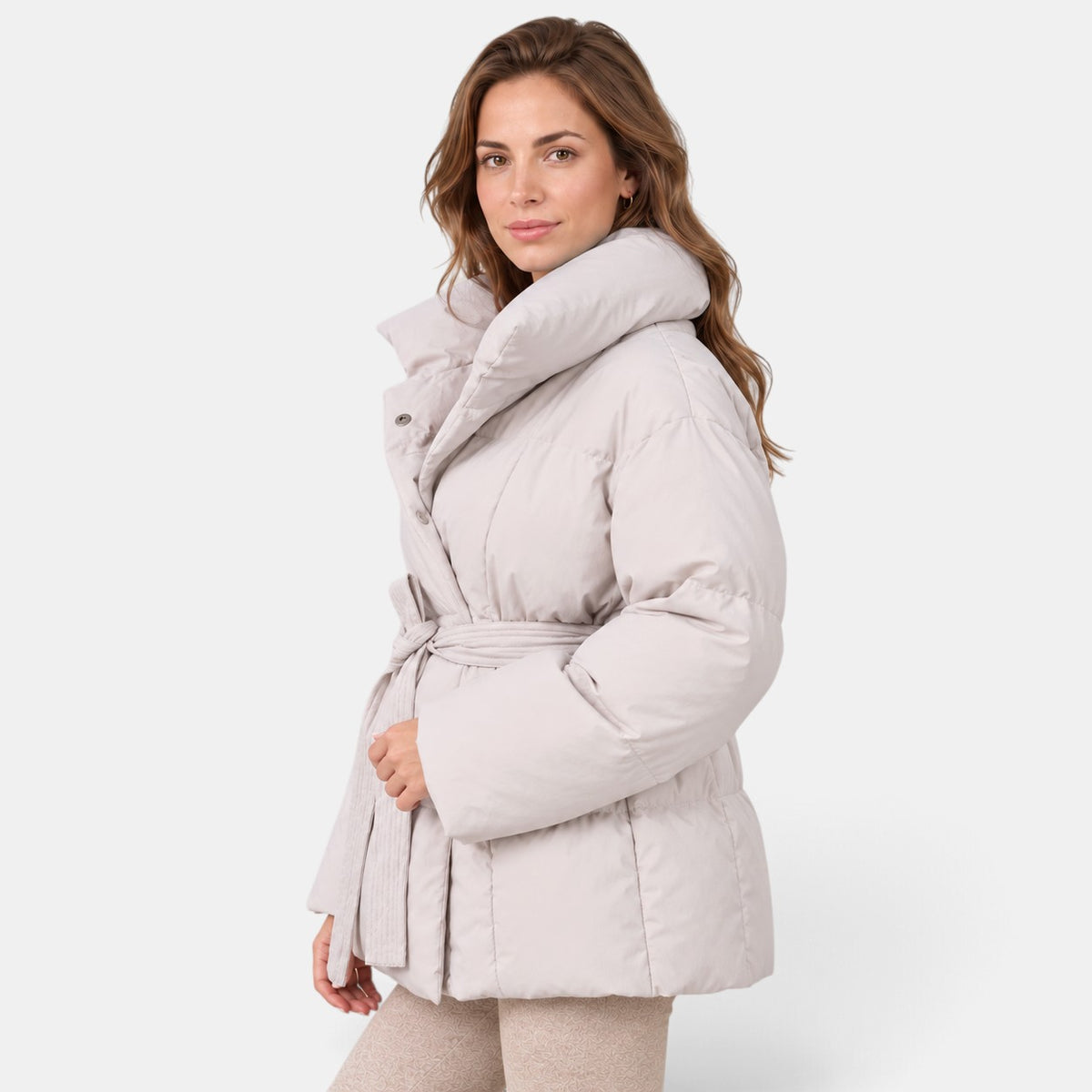 Women's Belted Puffer Coat - High Neck Quilted Jacket