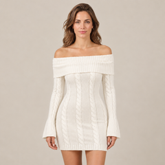 Women's White Cable Knit Off-the-Shoulder Mini Sweater Dress