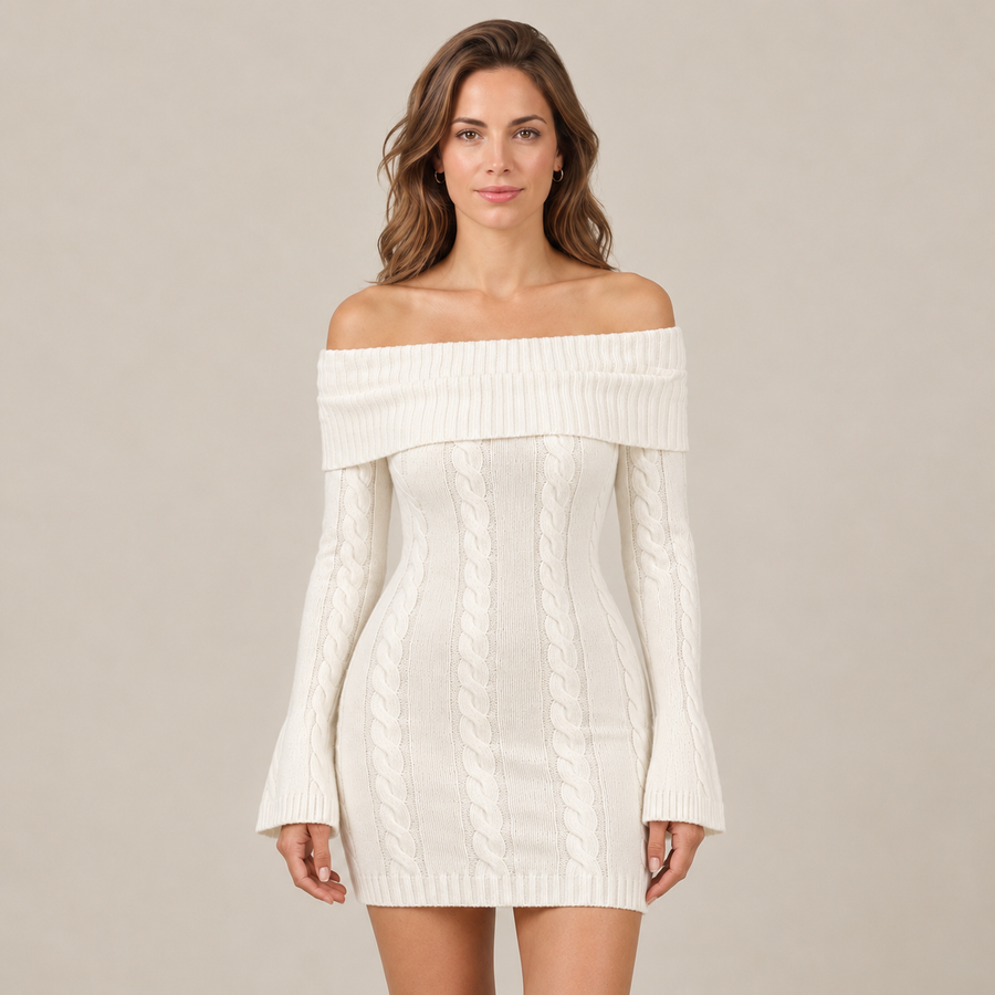 Women's White Cable Knit Off-the-Shoulder Mini Sweater Dress