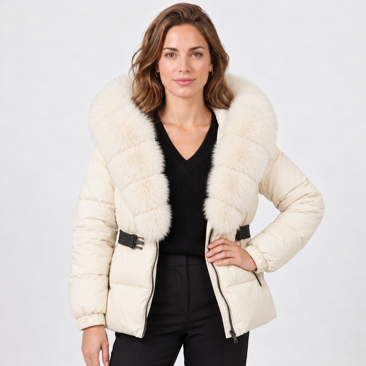 Women's Faux Leather Hooded Puffer Jacket - Quilted Winter Coat