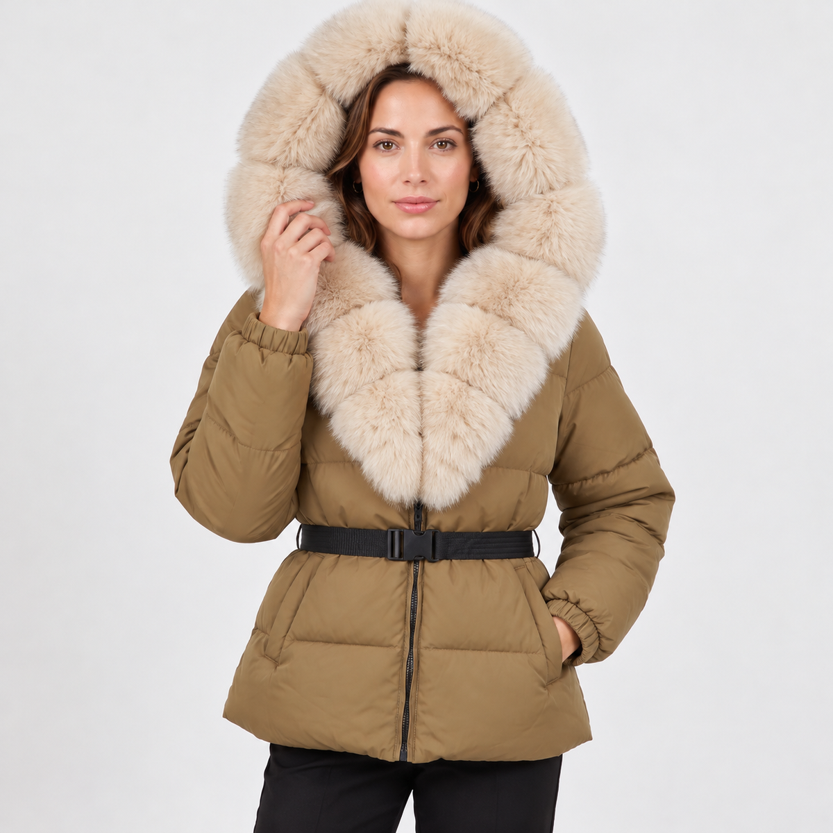 Women's Faux Leather Hooded Puffer Jacket - Quilted Winter Coat