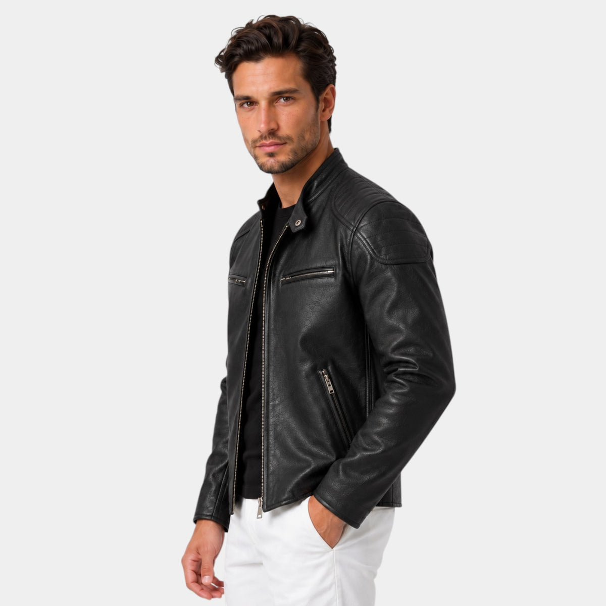 Chaqueta de Cuero Genuino Hombre Cuello Alzado con Cremallera