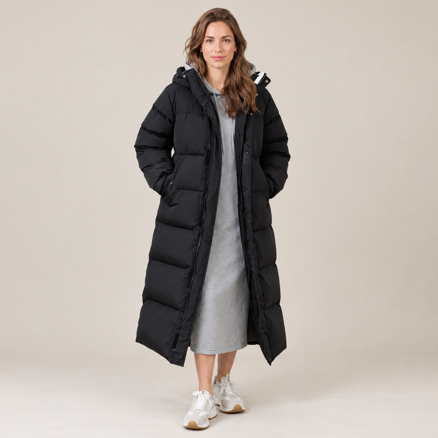 Abrigo Largo Acolchado de Plumón para Mujer con Capucha, Impermeable