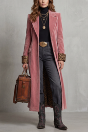Women's Pink Velvet Long Coat with Leopard Print Lining