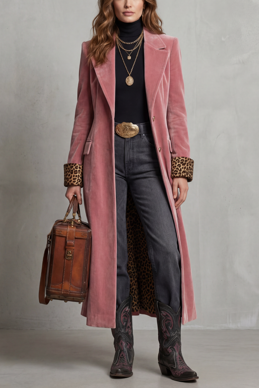 Women's Pink Velvet Long Coat with Leopard Print Lining