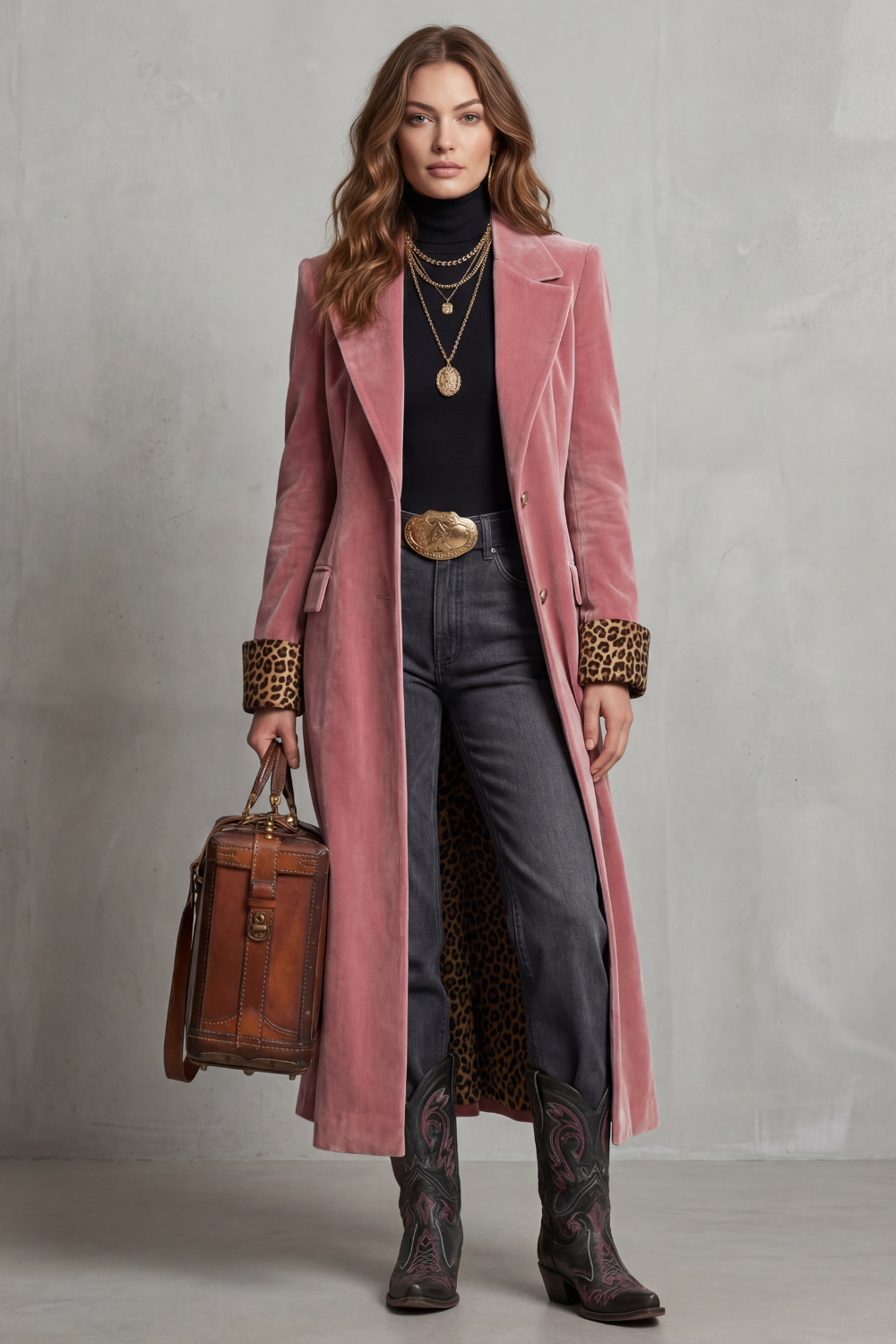 Women's Pink Velvet Long Coat with Leopard Print Lining
