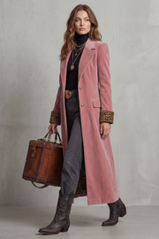 Women's Pink Velvet Long Coat with Leopard Print Lining