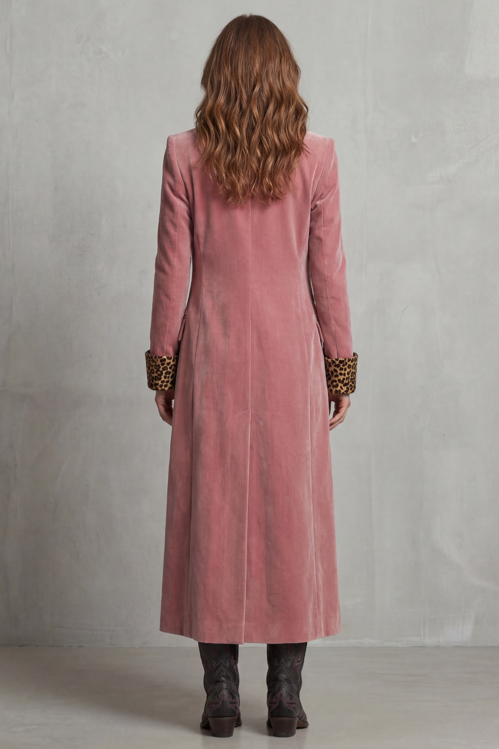 Women's Pink Velvet Long Coat with Leopard Print Lining