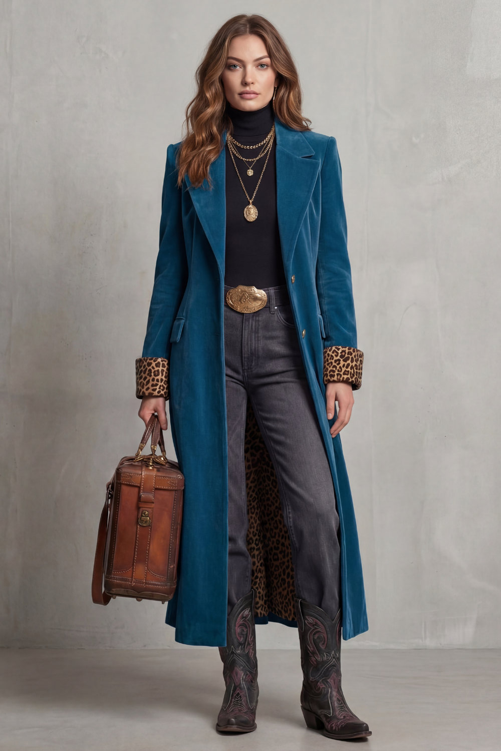 Women's Pink Velvet Long Coat with Leopard Print Lining