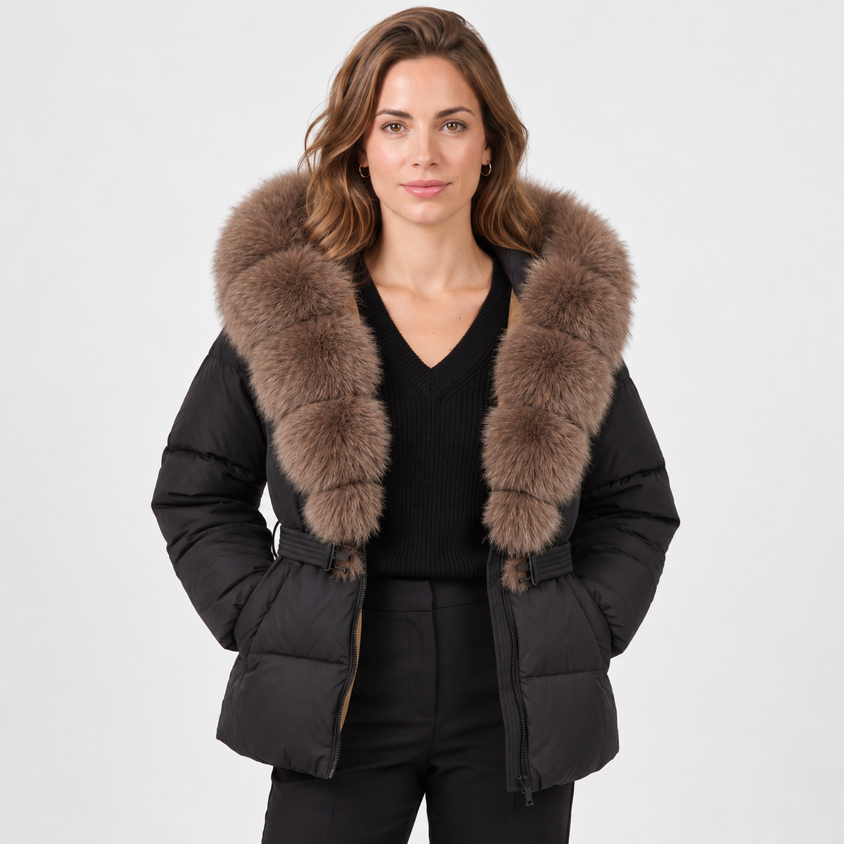 Women's Faux Leather Hooded Puffer Jacket - Quilted Winter Coat