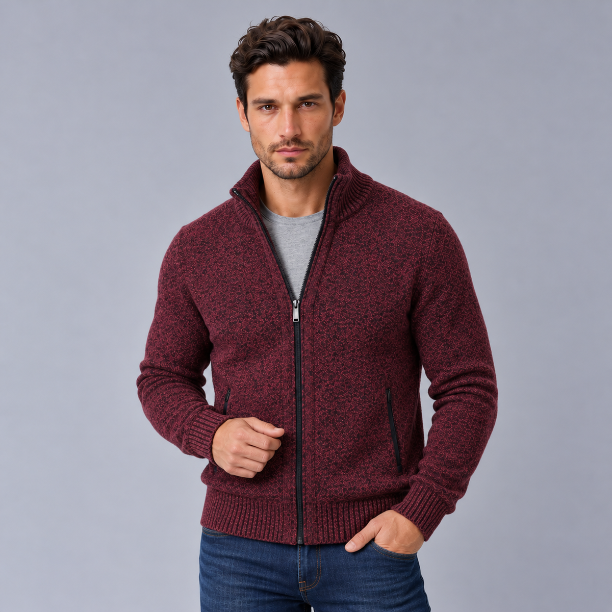 Men's Merino Wool Full-Zip Cardigan Sweater - Mock Neck