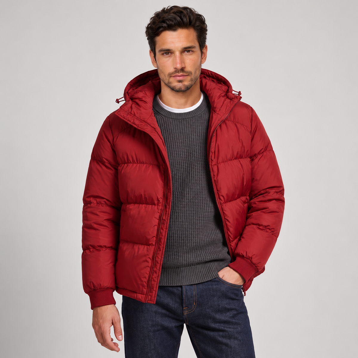 Chaqueta Acolchada con Capucha para Hombre, Cierre de Cremallera