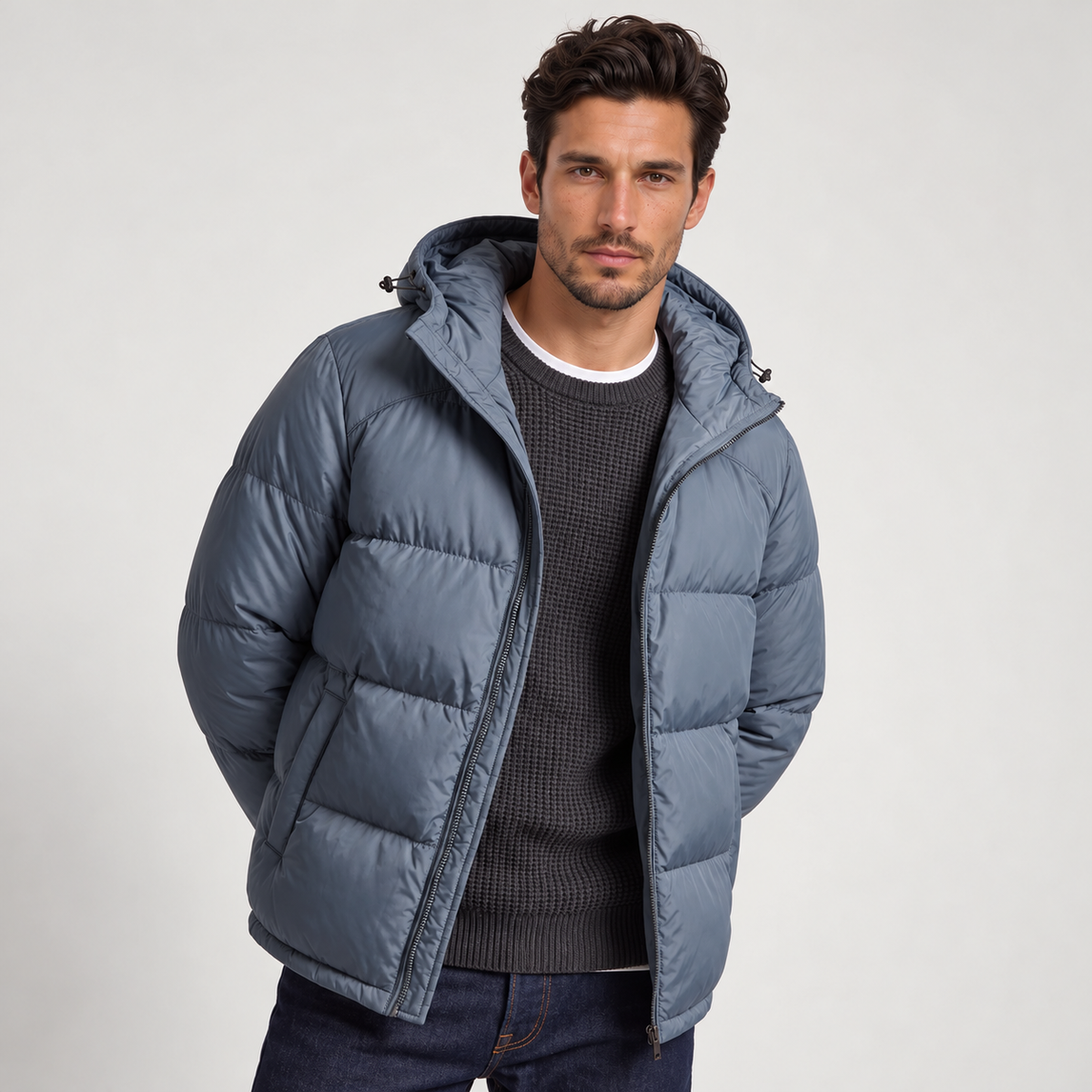 Chaqueta Acolchada con Capucha para Hombre, Cierre de Cremallera