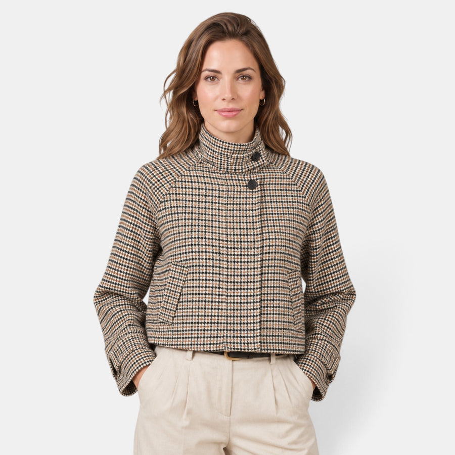 Women's Brown Houndstooth Cropped Jacket - High Neck