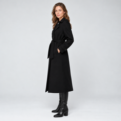 Women's Black Long Wool Blend Coat - Belted Wrap Style